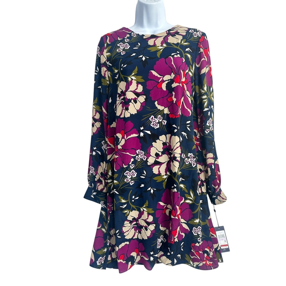 Tommy Hilfiger Chiffon Navy Floral Shift Dress Classic Career Chic Size 10 NWT - Picture 2 of 14